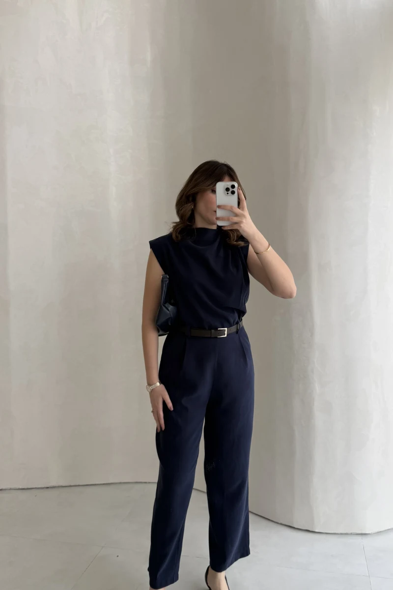 Kemerli Sıfır Kol Tulum - Lacivert - Kod: 580907