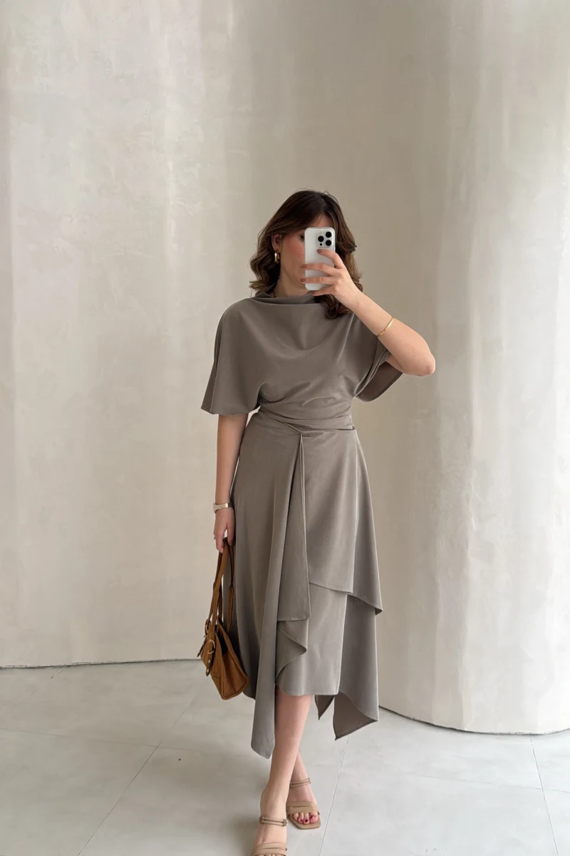 Flawless Modal Kumaş Asimetrik Kesim Etek Bluz Takım - Haki - Kod: 0931