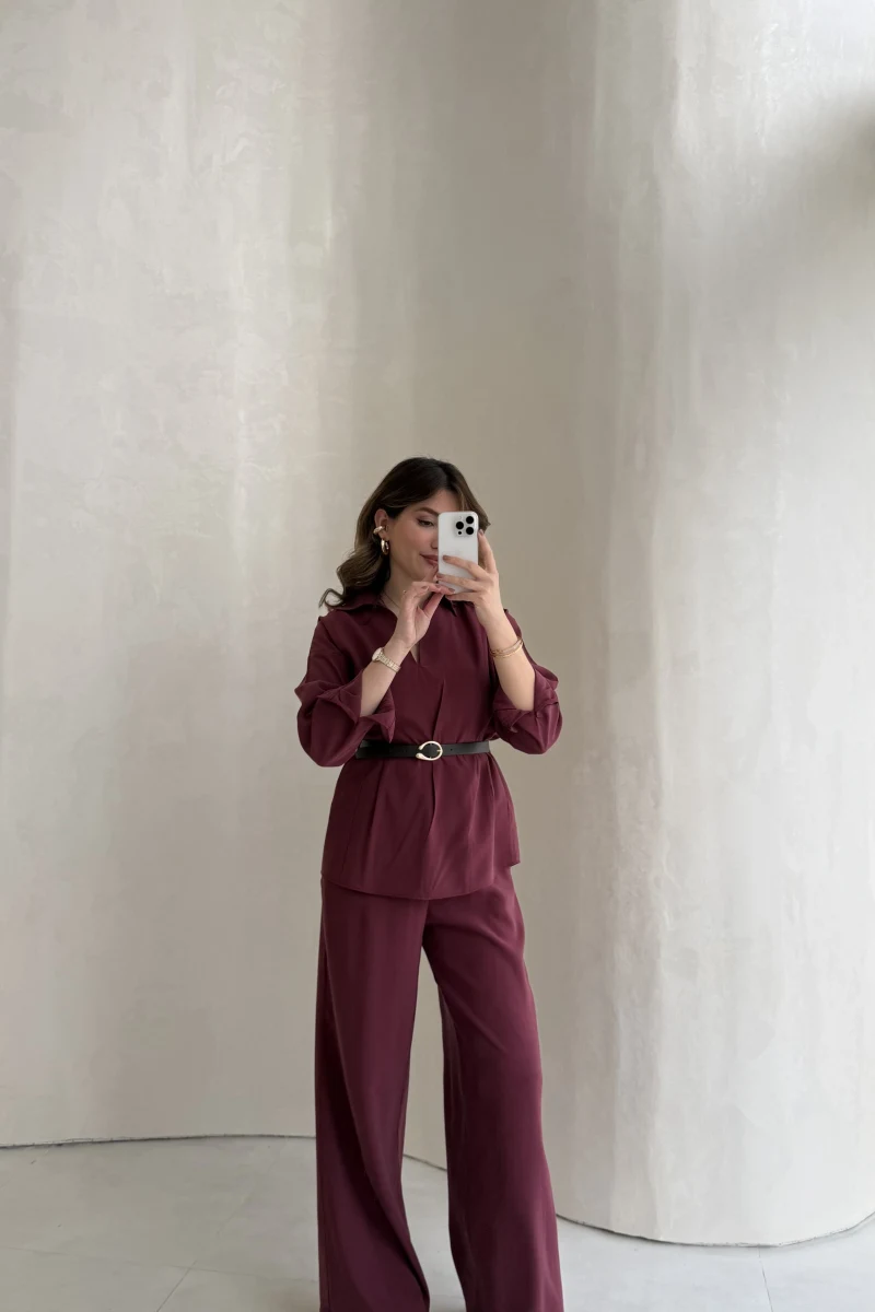 Kemerli Bel Detaylı Gömlek Pantolon Takım - Bordo - Kod: 58485