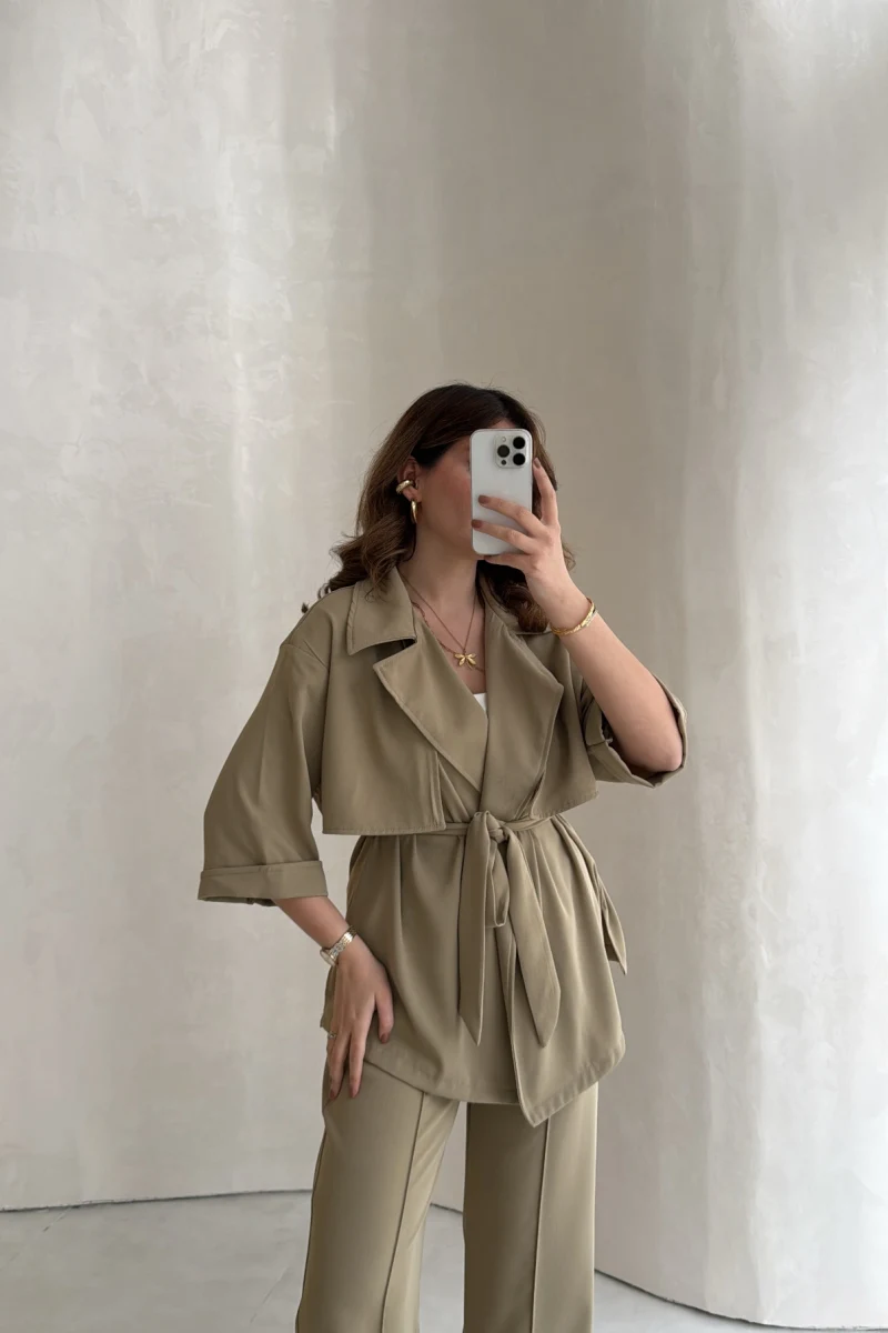 Dökümlü Beli Bağlamalı Takım - Haki - Kod: 8099