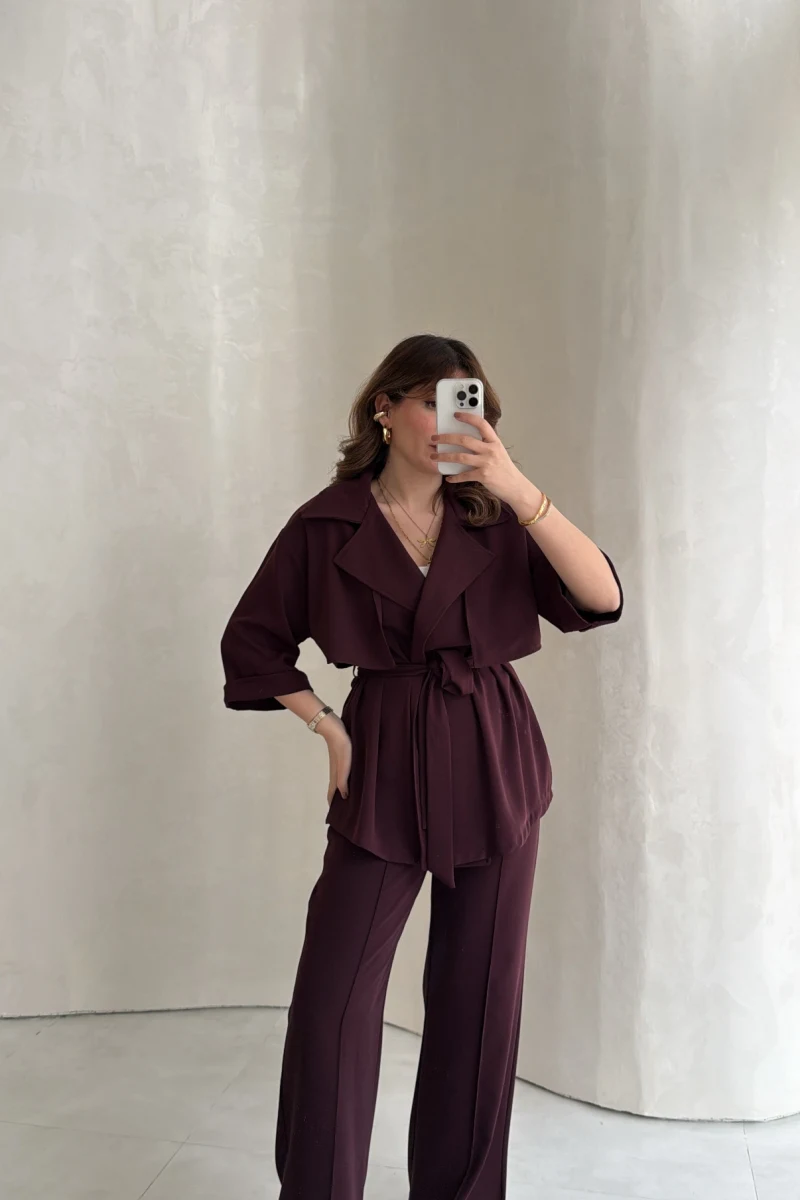 Dökümlü Beli Bağlamalı Takım - Bordo - Kod: 8099