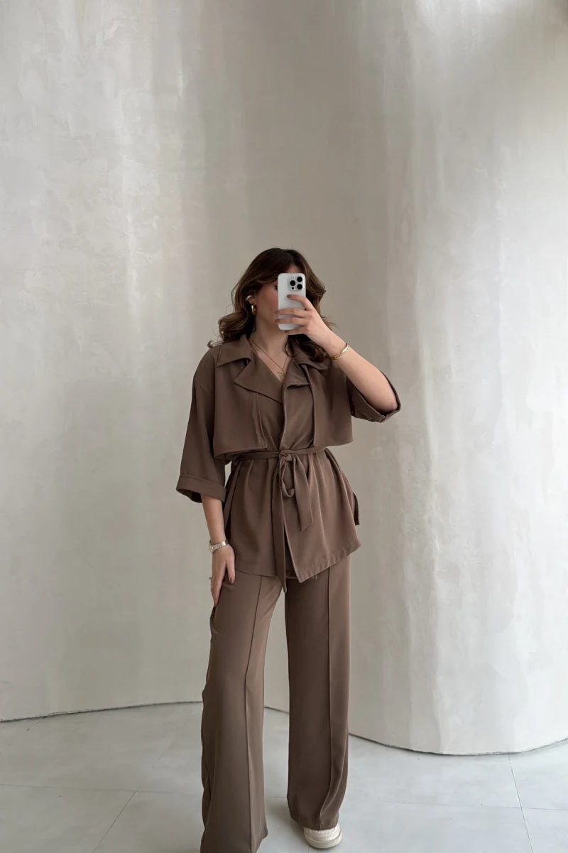 Dökümlü Beli Bağlamalı Takım - Kahve - Kod: 8099