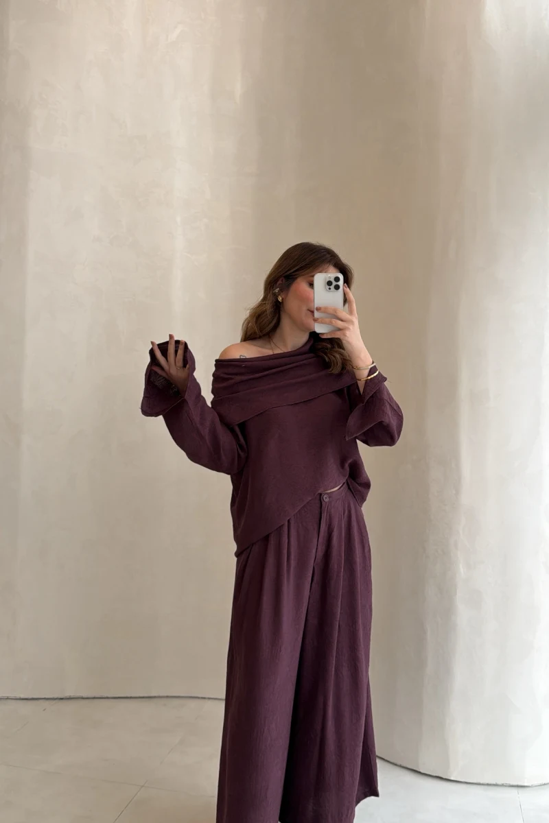 Madonna Yaka Bluz Geniş Paça Pantolon Takım - Mürdüm - Kod: 0957