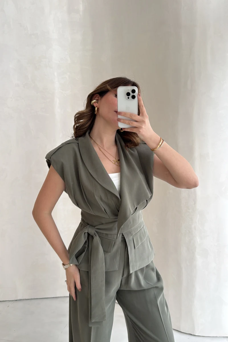 Seren Vatkalı Bağlamalı Yelek Pantolon Takım - Haki - Kod: 580769