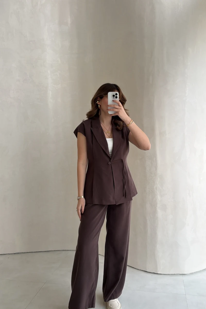 Diagonel Yelek Pantolon Takım - Kahverengi - Kod: 8106