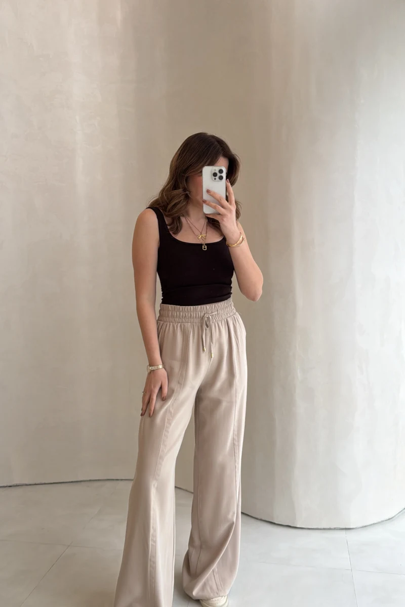 Dökümlü Bağcıklı Beli Lastikli Pantolon - Taş - Kod: 0893
