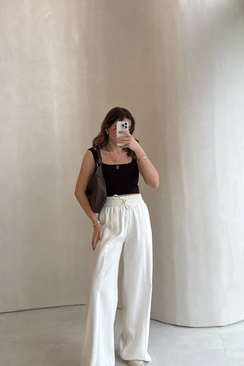 Dökümlü Bağcıklı Beli Lastikli Pantolon - Ekru - Kod: 0893
