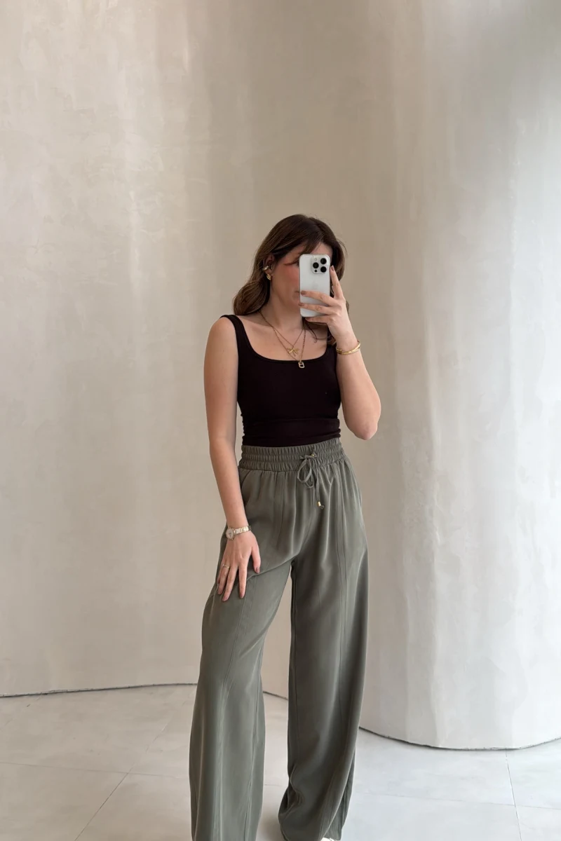Dökümlü Bağcıklı Beli Lastikli Pantolon - Haki - Kod: 0893