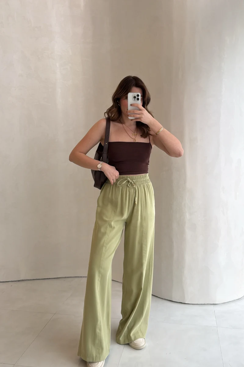 Dökümlü Bağcıklı Beli Lastikli Pantolon - Mint - Kod: 0893