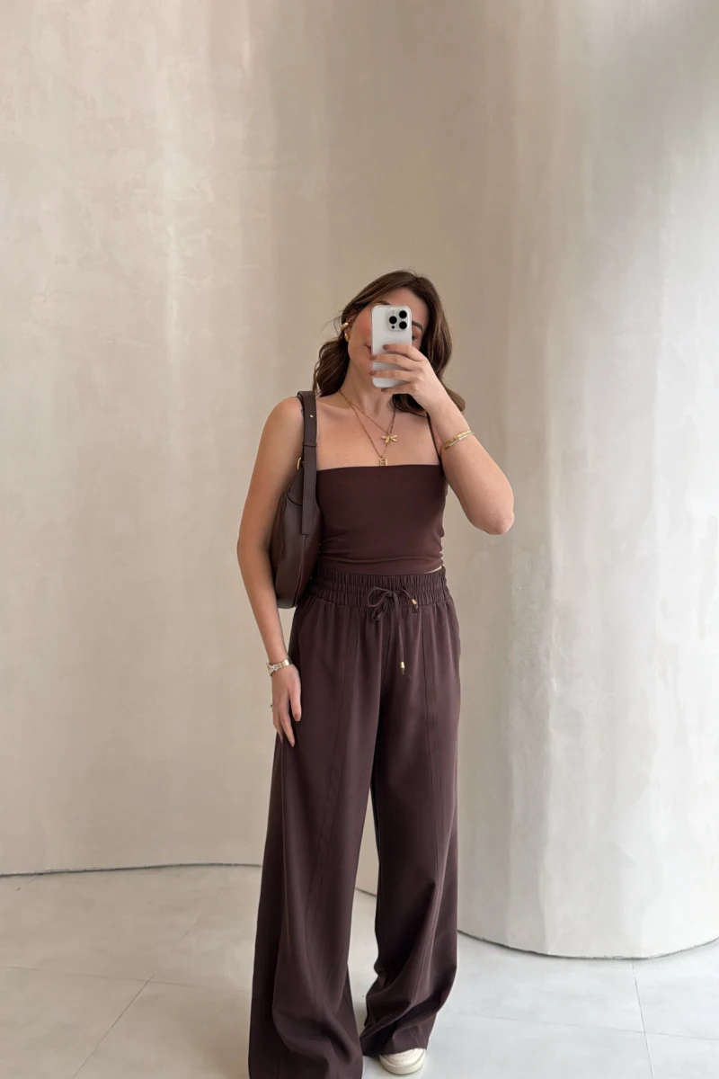 Dökümlü Bağcıklı Beli Lastikli Pantolon - Kahve - Kod: 0893