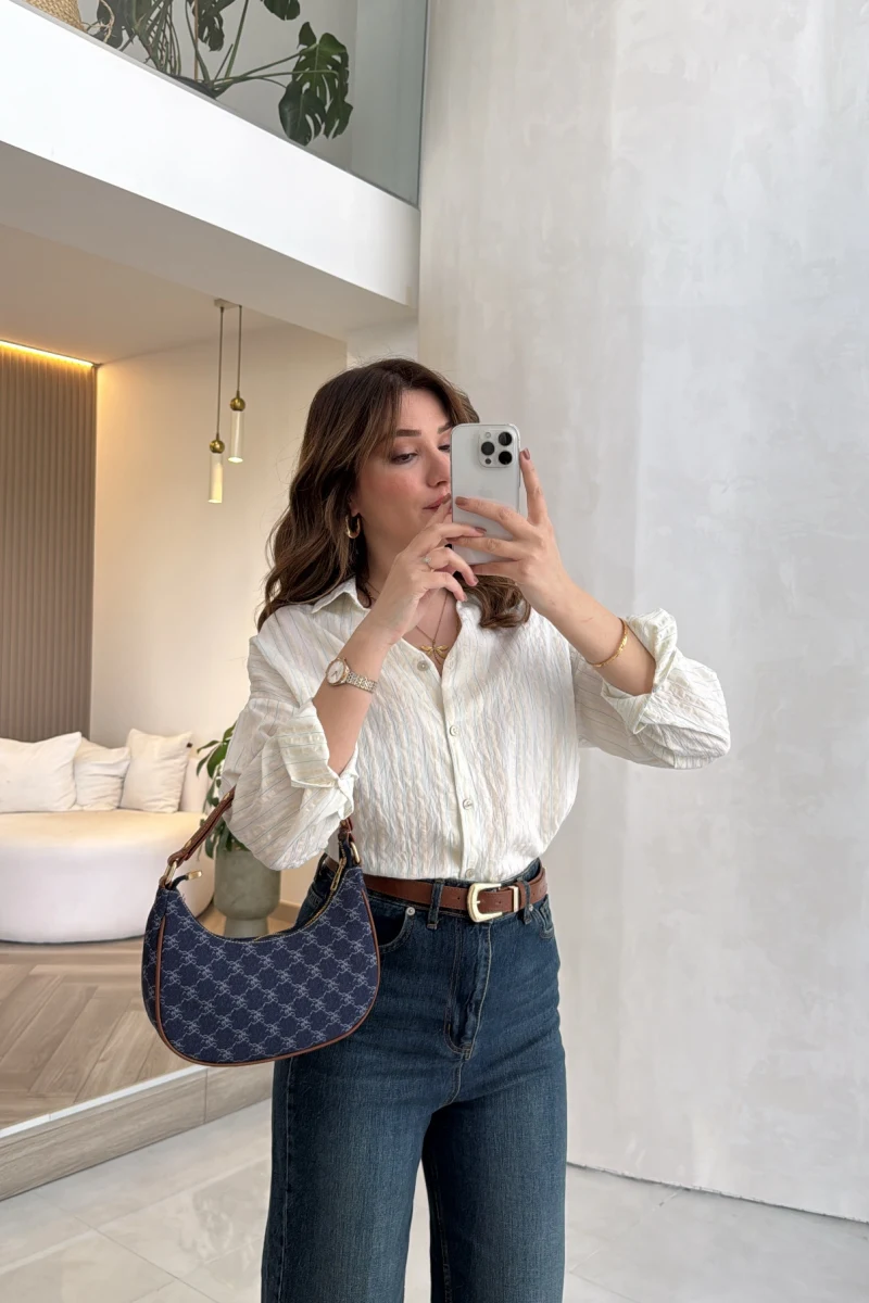 Simli Mavi Çizgili Gömlek - Kod: 2216