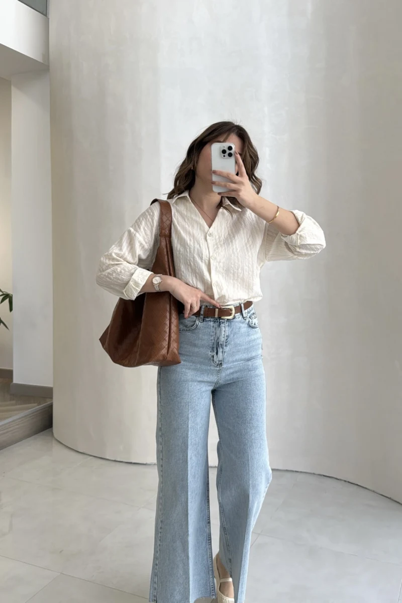 Ultra Yüksek Bel Kemerli Likralı Denim Jean Pantolon - Buz Mavisi - Kod: 1818