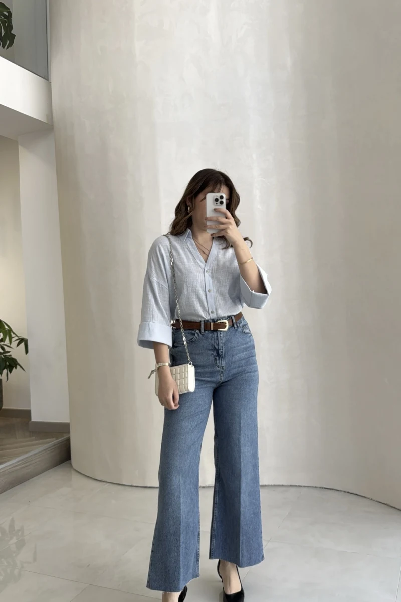 Ultra Yüksek Bel Kemerli Likralı Denim Jean Pantolon - Mavi - Kod: 1832