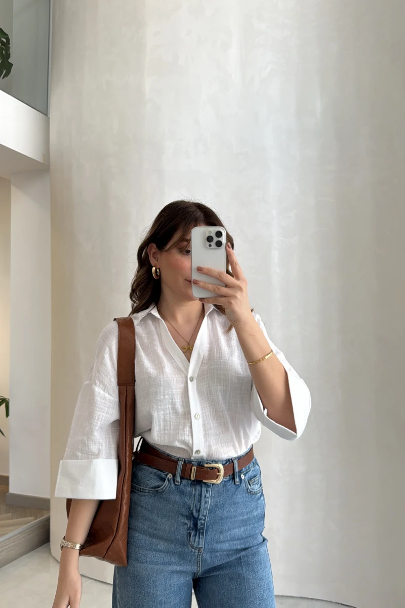 Şantuk Keten Kumaş Gömlek - Ekru - Kod: 2164