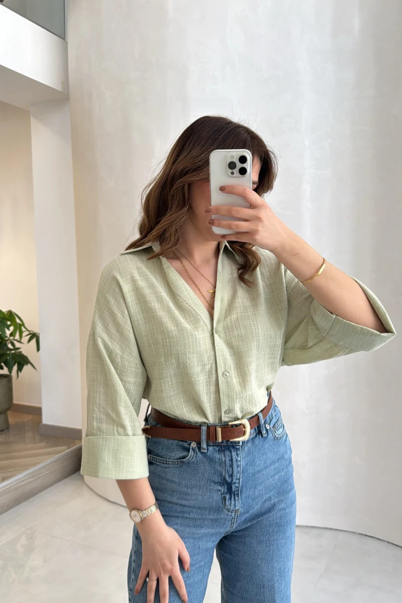 Şantuk Keten Kumaş Gömlek - Çağla - Kod: 2164