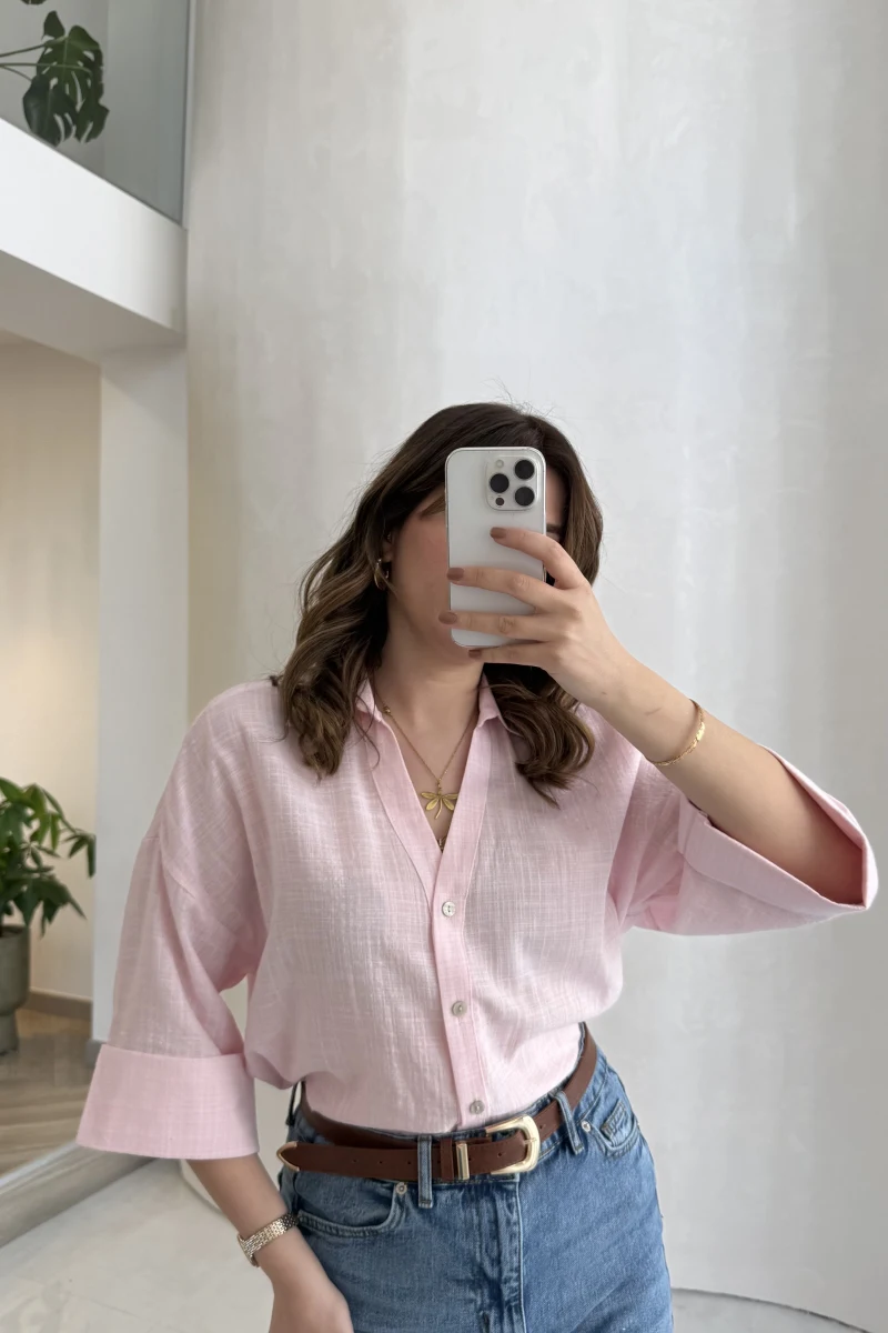 Şantuk Keten Kumaş Gömlek - Pembe - Kod: 2164