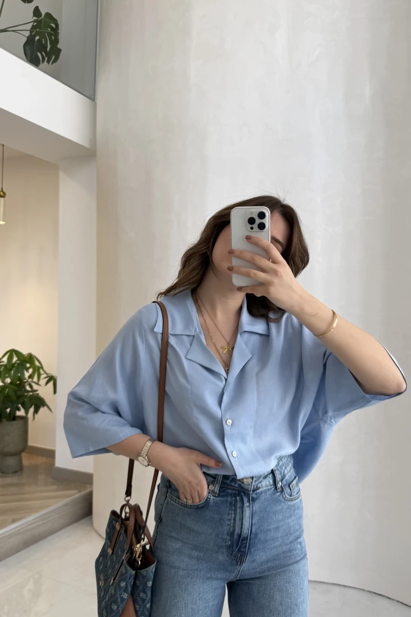 Keten Kumaş Gömlek - Bebe Mavisi - Kod: 4982