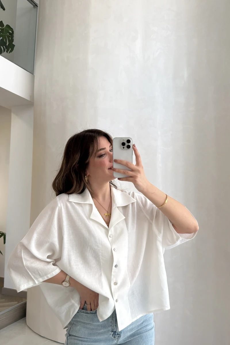 Keten Kumaş Gömlek - Beyaz - Kod: 4982