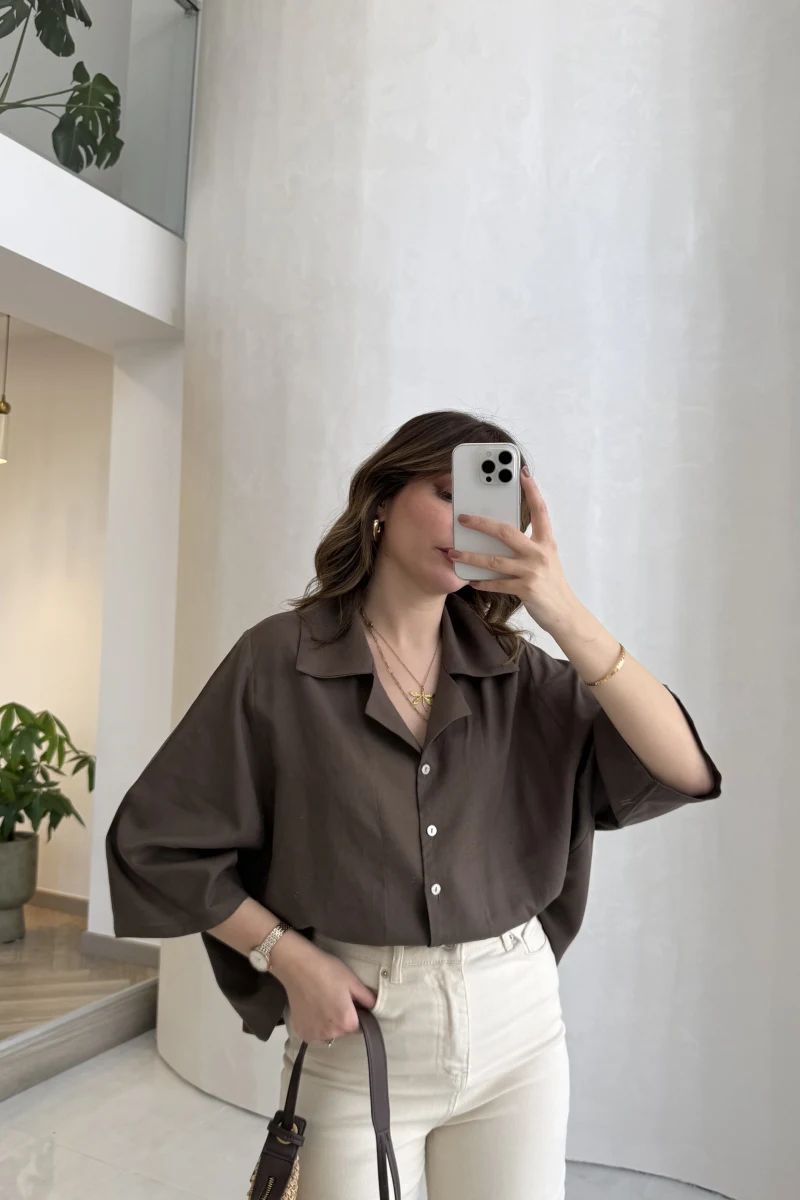 Keten Kumaş Gömlek - Kahve - Kod: 4982