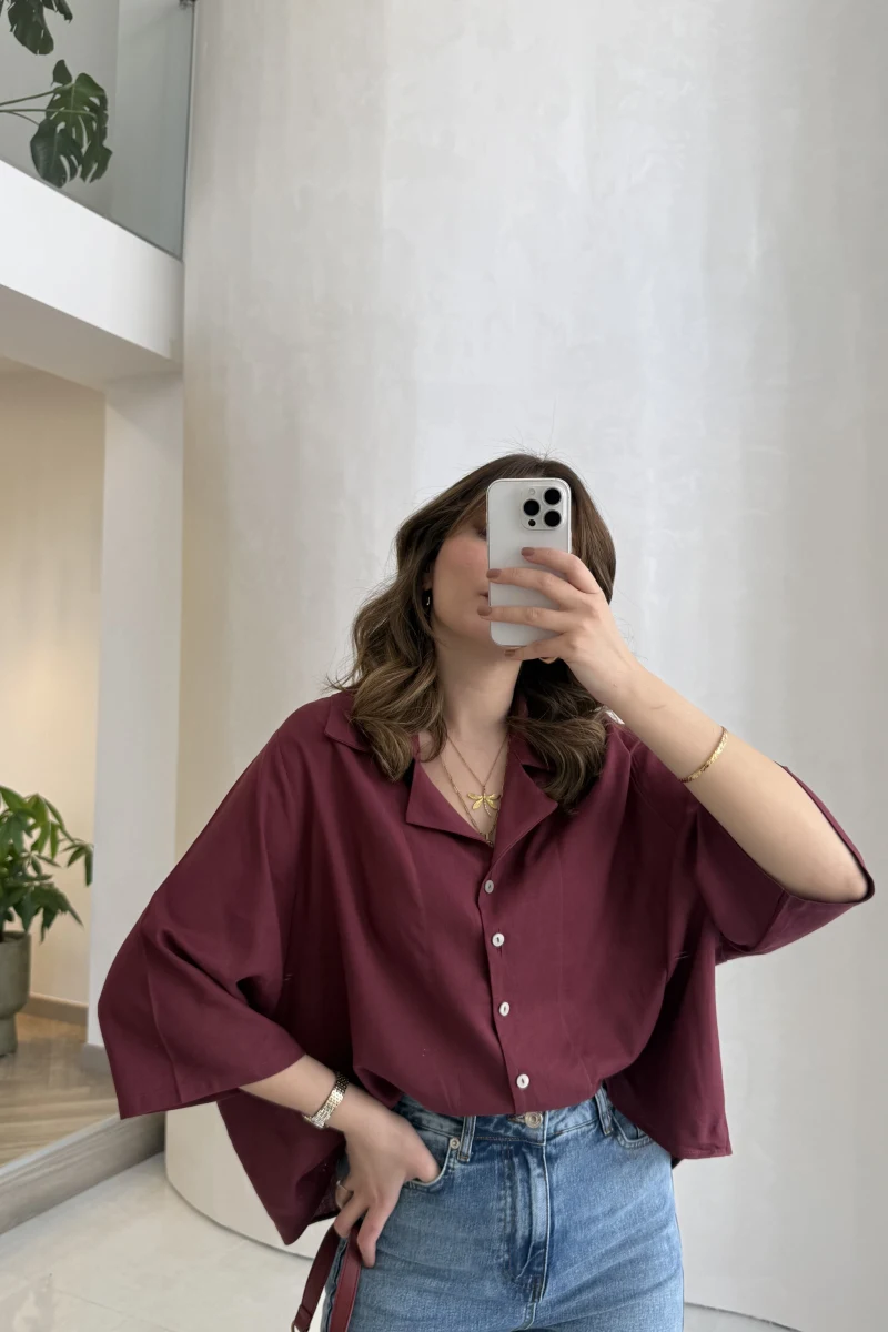 Keten Kumaş Gömlek - Bordo - Kod: 4982