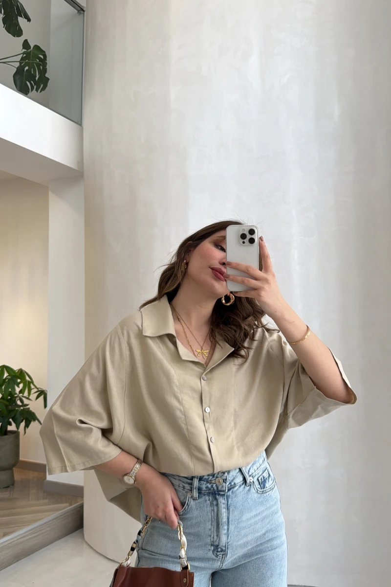 Keten Kumaş Gömlek - Taş - Kod: 4982