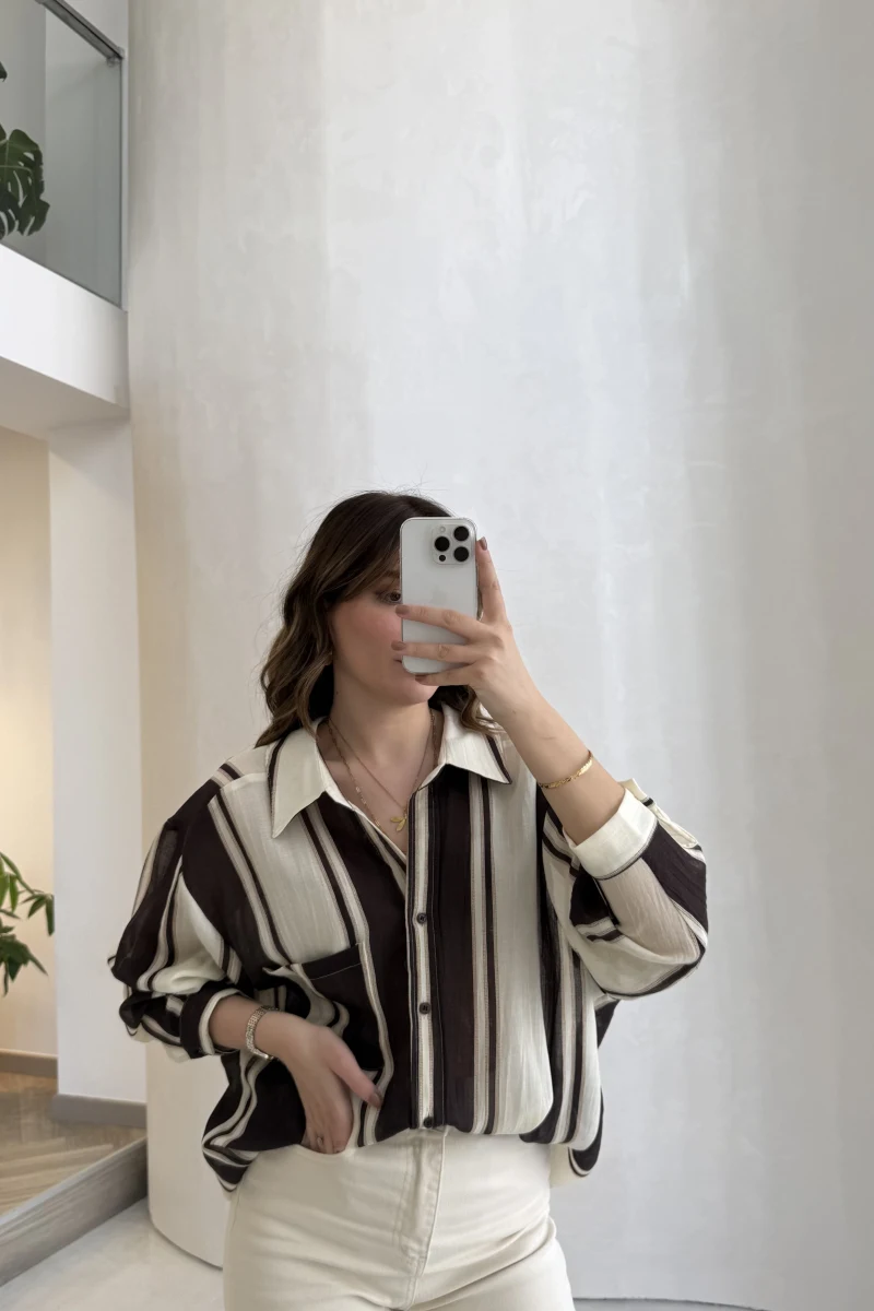 Kahverengi Çizgili Gömlek - Kod: 5060