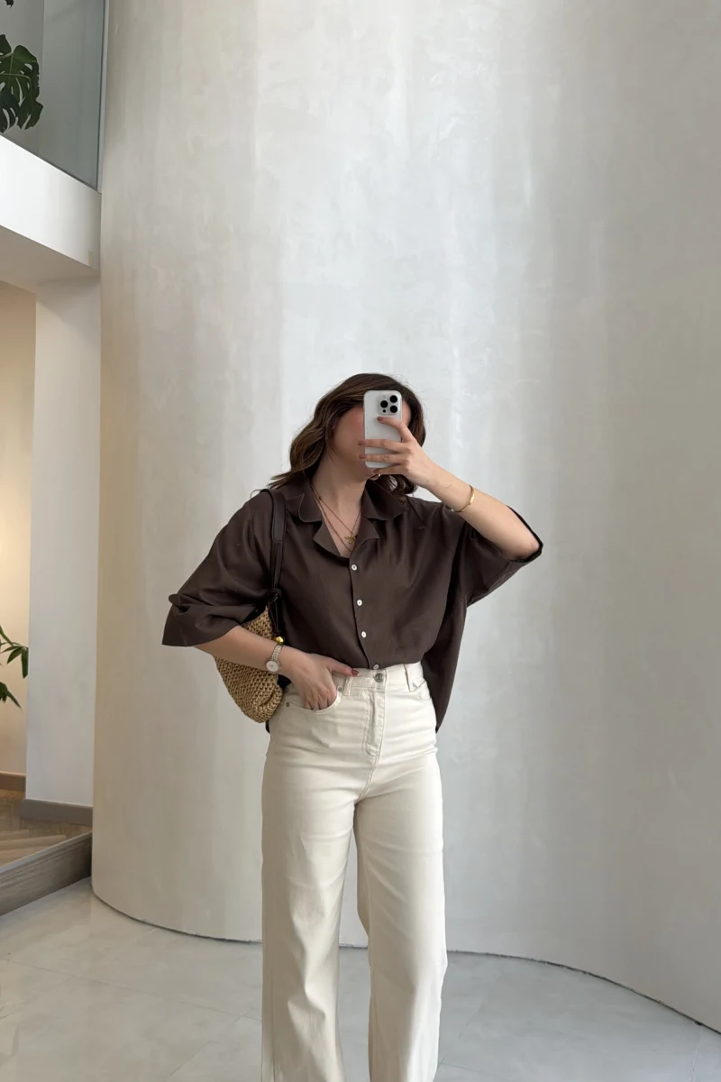 Lesi Yüksek Bel Straight Jean Pantolon - Krem - Kod: 1840