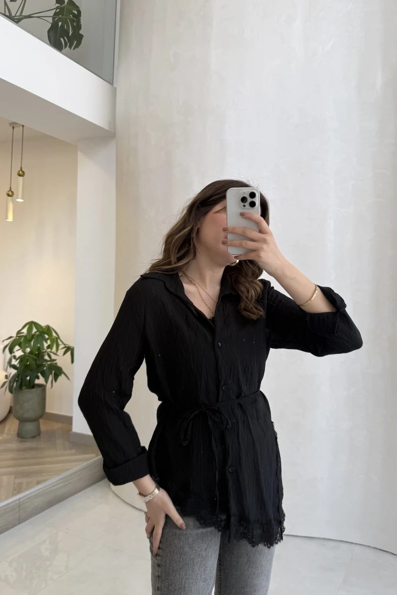 Bağlamalı Dantel Detay Çizgili İçi Askılı Body Gömlek - Siyah - Kod: 39290