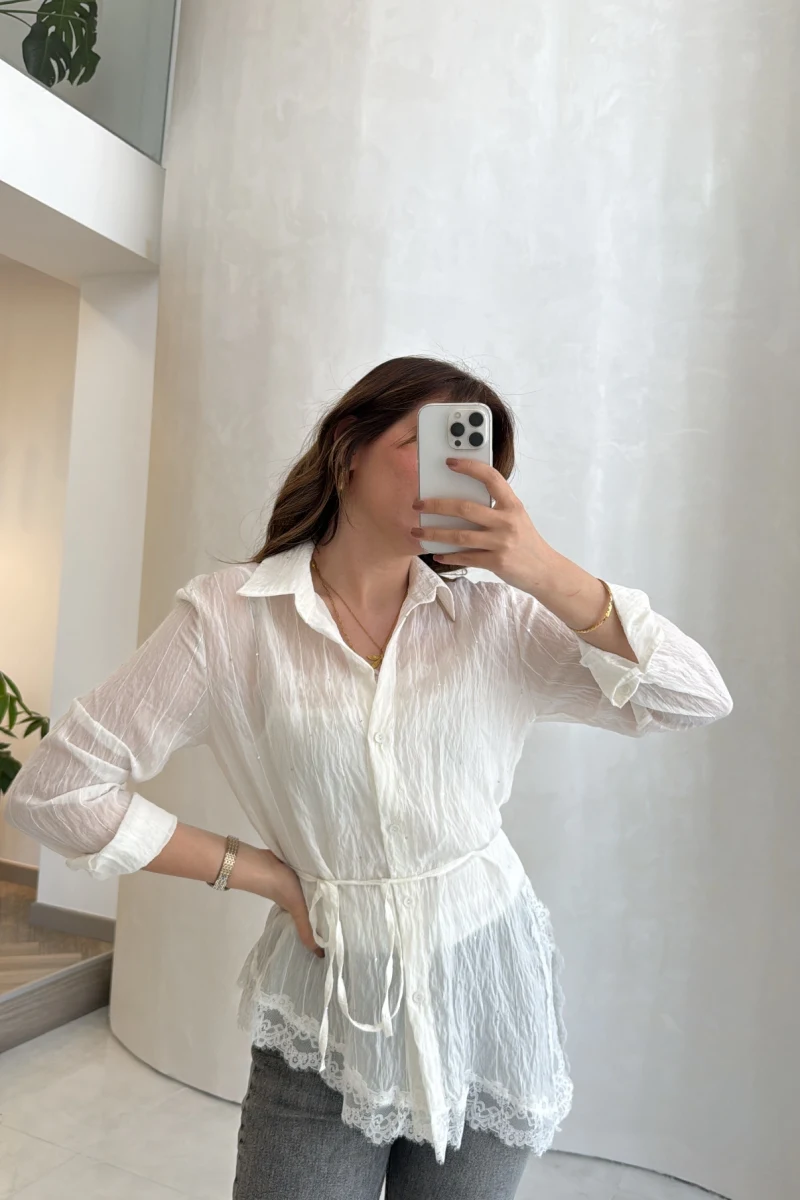 Bağlamalı Dantel Detay Çizgili İçi Askılı Body Gömlek - Ekru - Kod: 39290