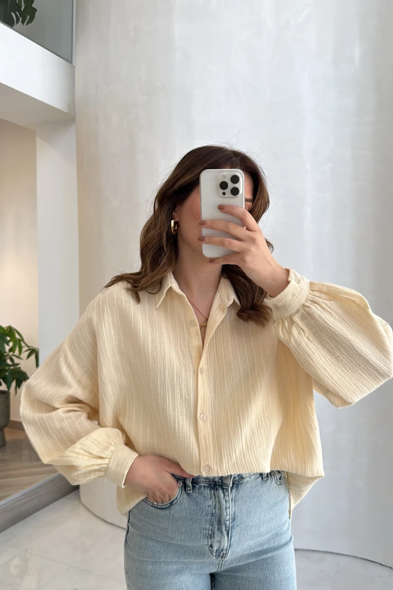 Helen Pamuk Kumaş Uzun Çizgili Gömlek - Sarı - Kod: 2194