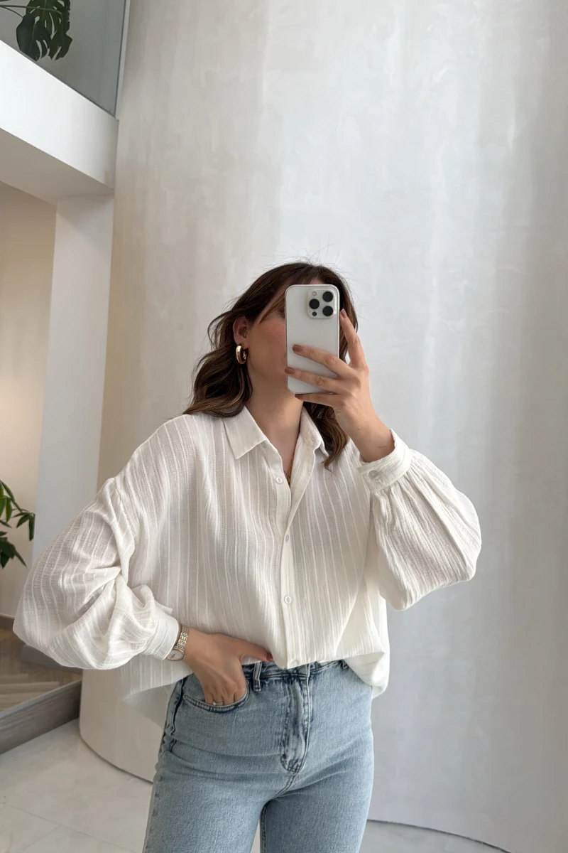 Helen Pamuk Kumaş Uzun Çizgili Gömlek - Ekru - Kod: 2194