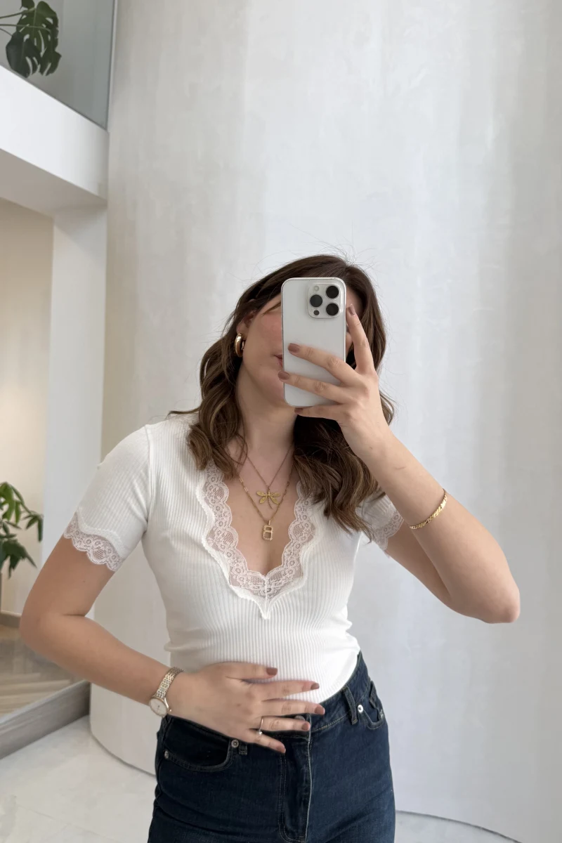 Fitilli Dantel Detay Bluz - Ekru - Kod: 1080