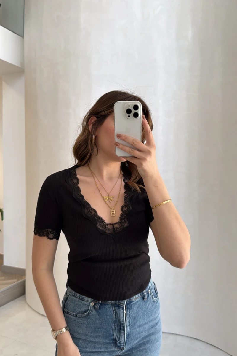 Fitilli Dantel Detay Bluz - Siyah - Kod: 1080