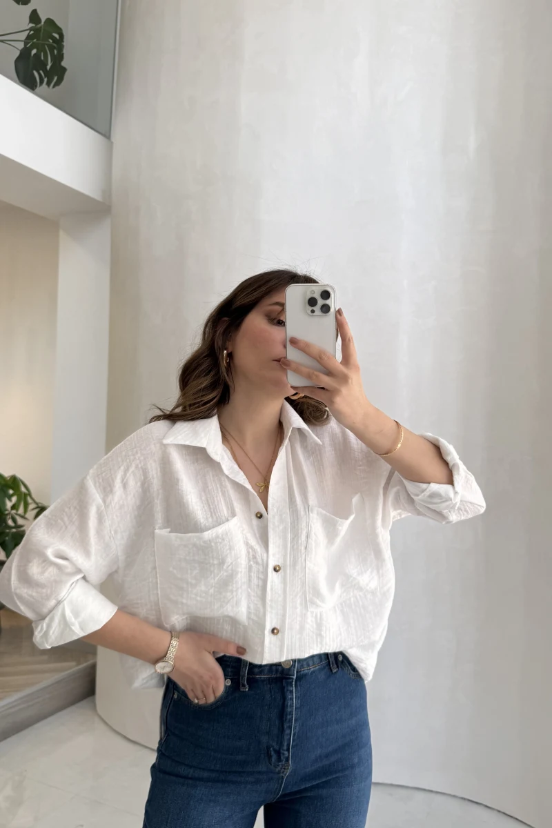 Cepli Uzun Gömlek - Ekru - Kod: 2191