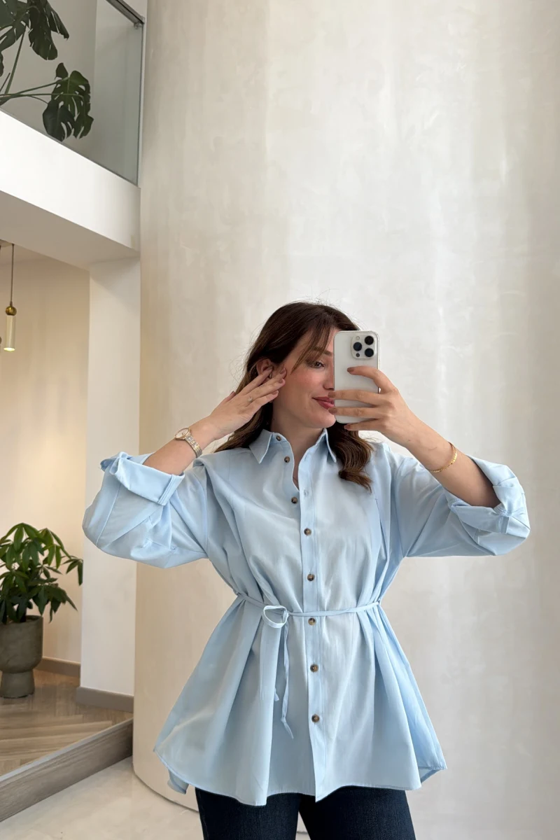 Arkası Pile Detay Bağcıklı Pamuklu Gömlek - Mavi - Kod: 2206