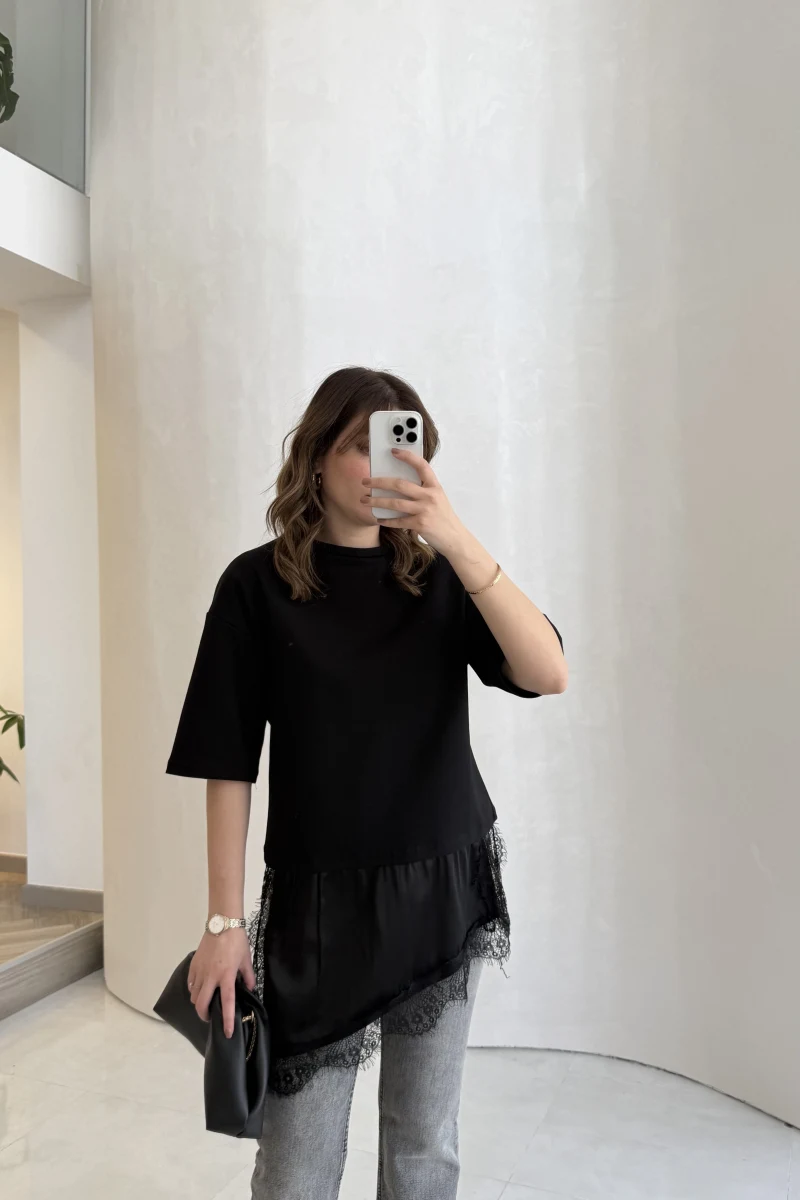 Asimetrik Kesim Dantel Detay T-shirt - Siyah - Kod: 0771