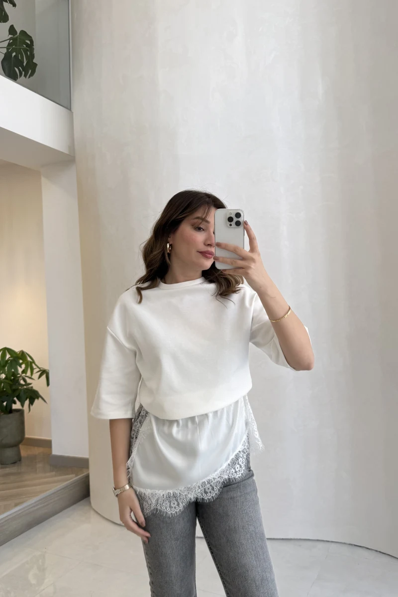 Asimetrik Kesim Dantel Detay T-shirt - Ekru - Kod: 0771