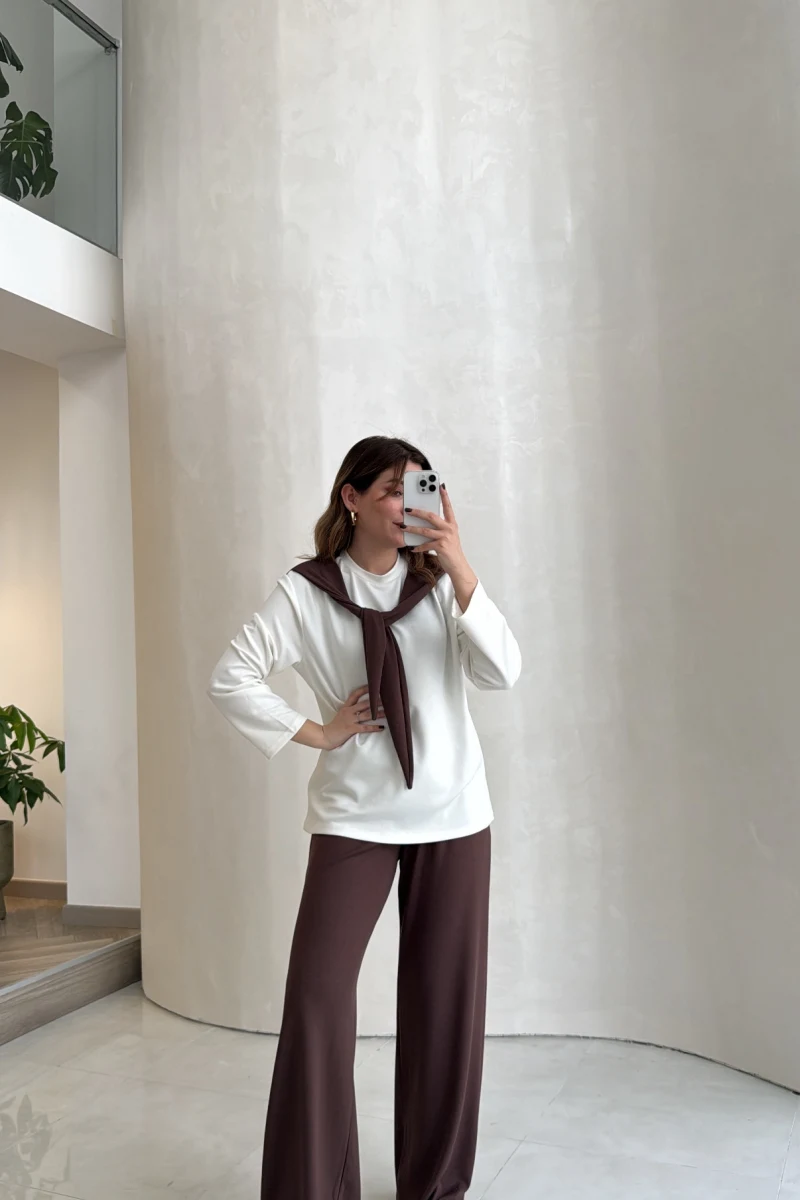 Uzun Kollu Fular Bağlamalı Takım - Kahverengi - Kod: 4126