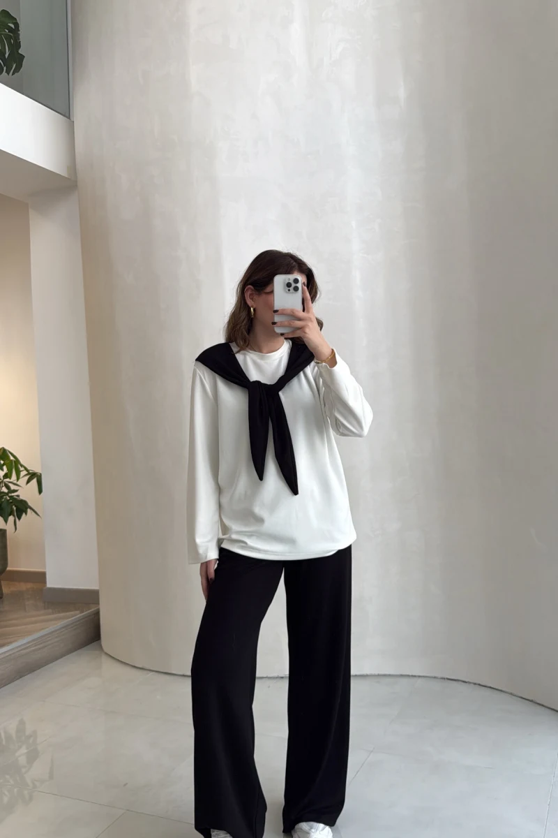 Uzun Kollu Fular Bağlamalı Takım - Siyah - Kod: 4126