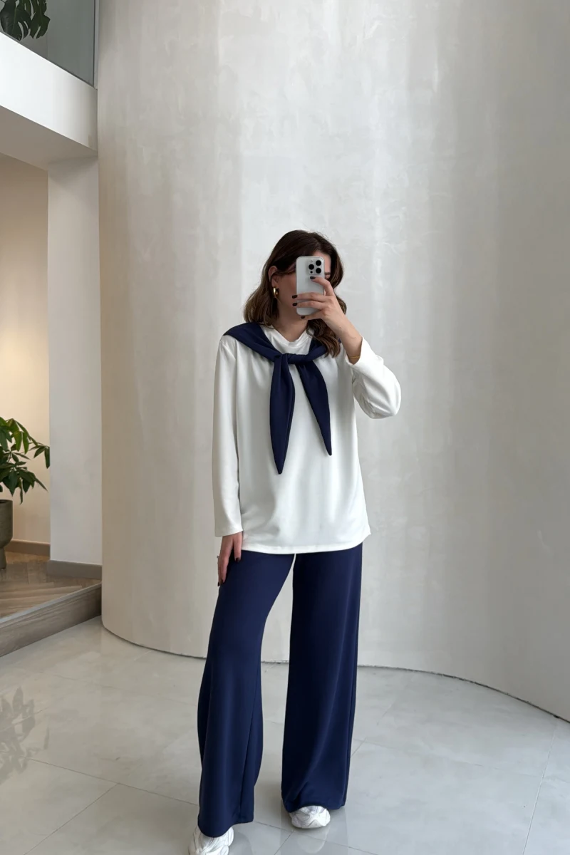 Uzun Kollu Fular Bağlamalı Takım - Lacivert - Kod: 4126