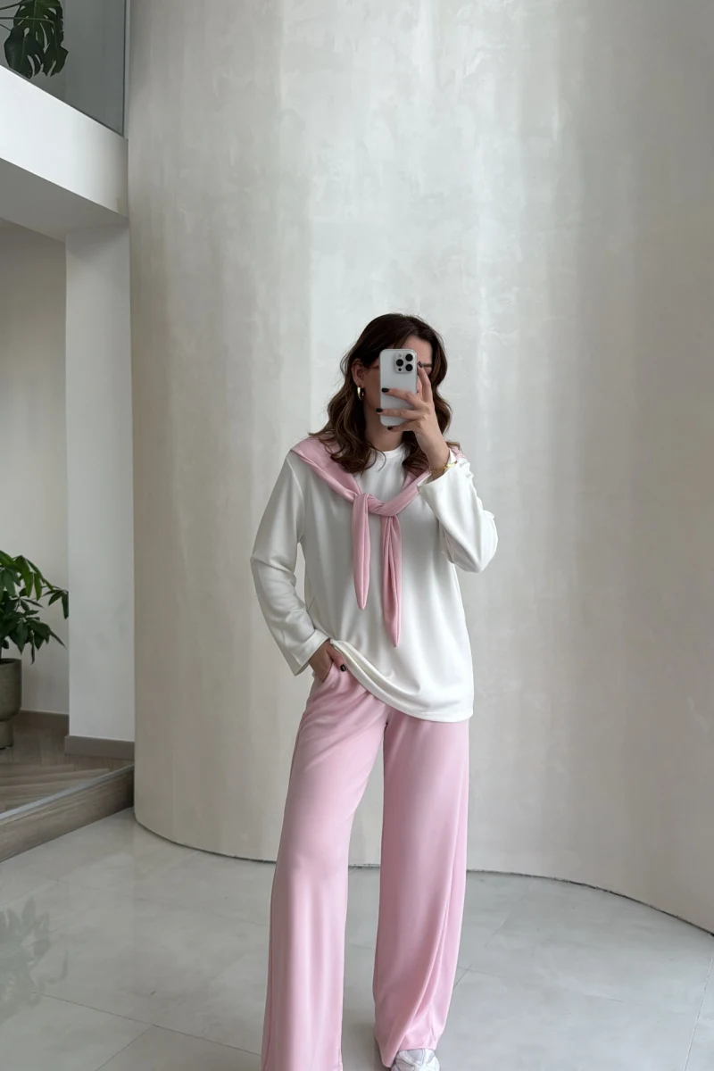 Uzun Kollu Fular Bağlamalı Takım - Pembe - Kod: 4126