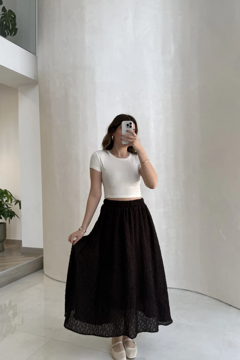 Şerit Püskül Detaylı Beli Lastikli Etek - Kahverengi - Kod: 5072