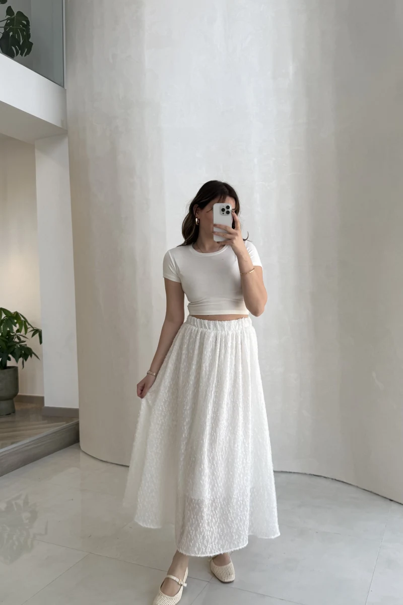 Şerit Püskül Detaylı Beli Lastikli Etek - Beyaz - Kod: 5072