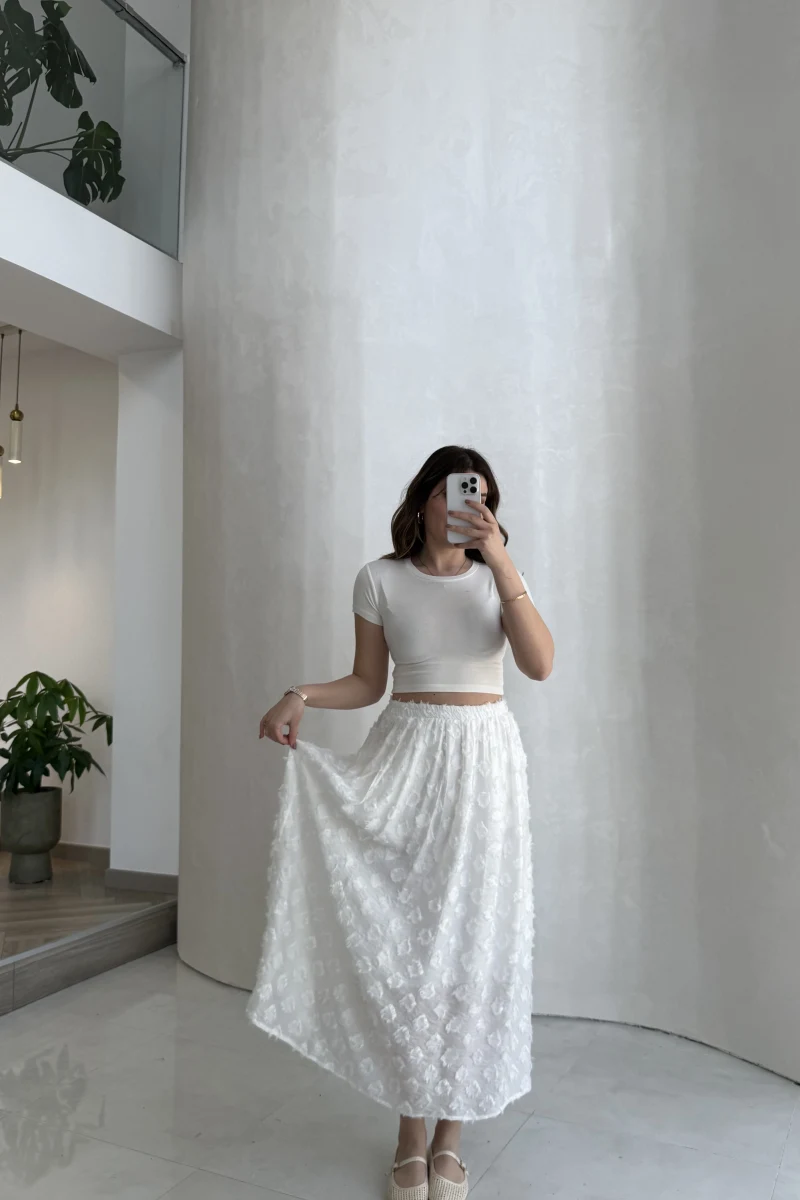 Püsküllü Beli Lastikli Etek - Ekru - Kod: 5062