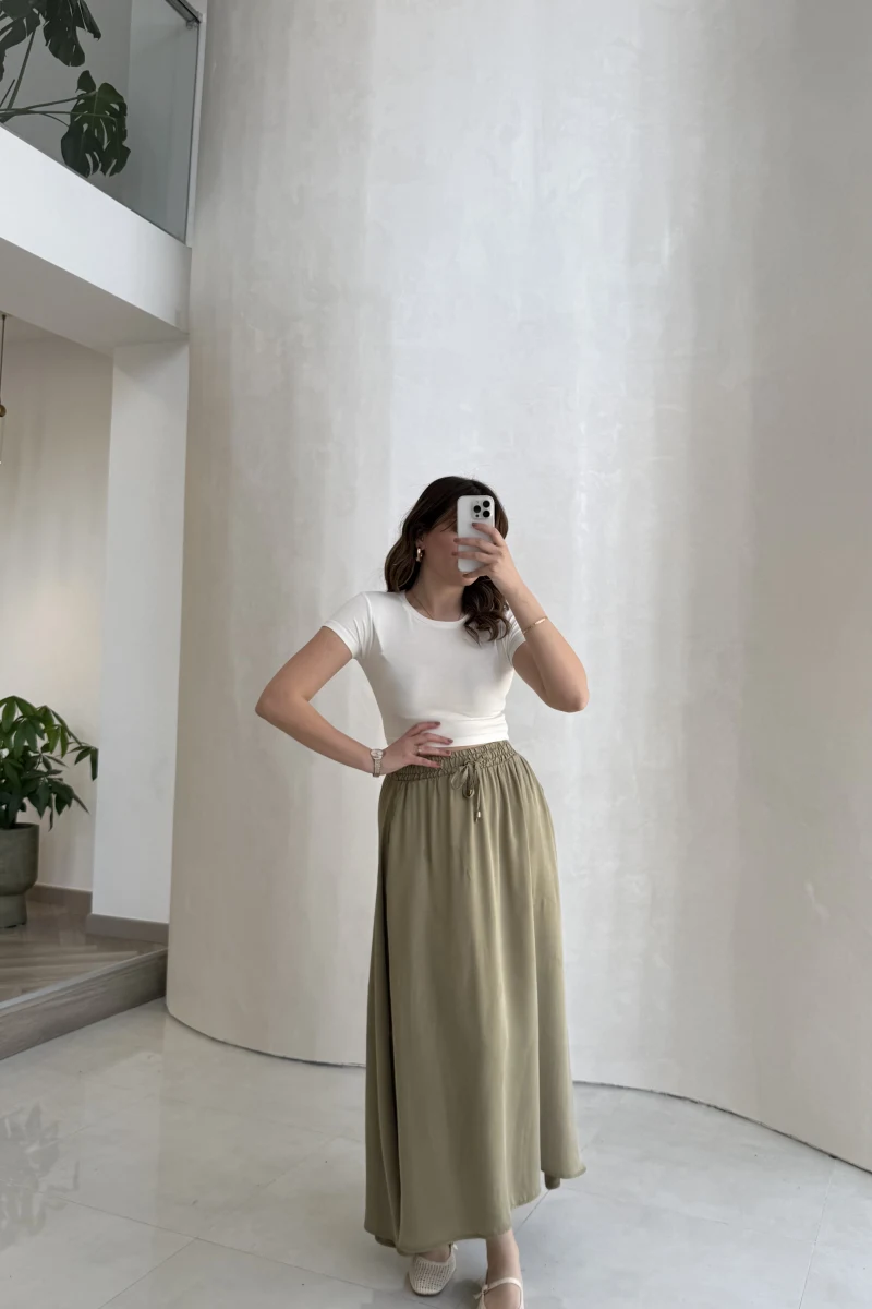 Luna Beli Lastikli Midi Boy Etek - Haki - Kod: 3380