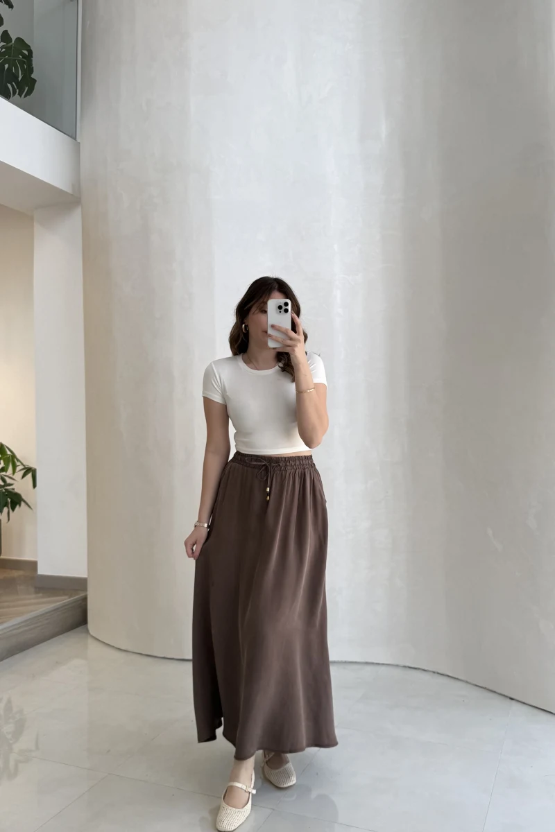 Luna Beli Lastikli Midi Boy Etek - Kahve - Kod: 3380