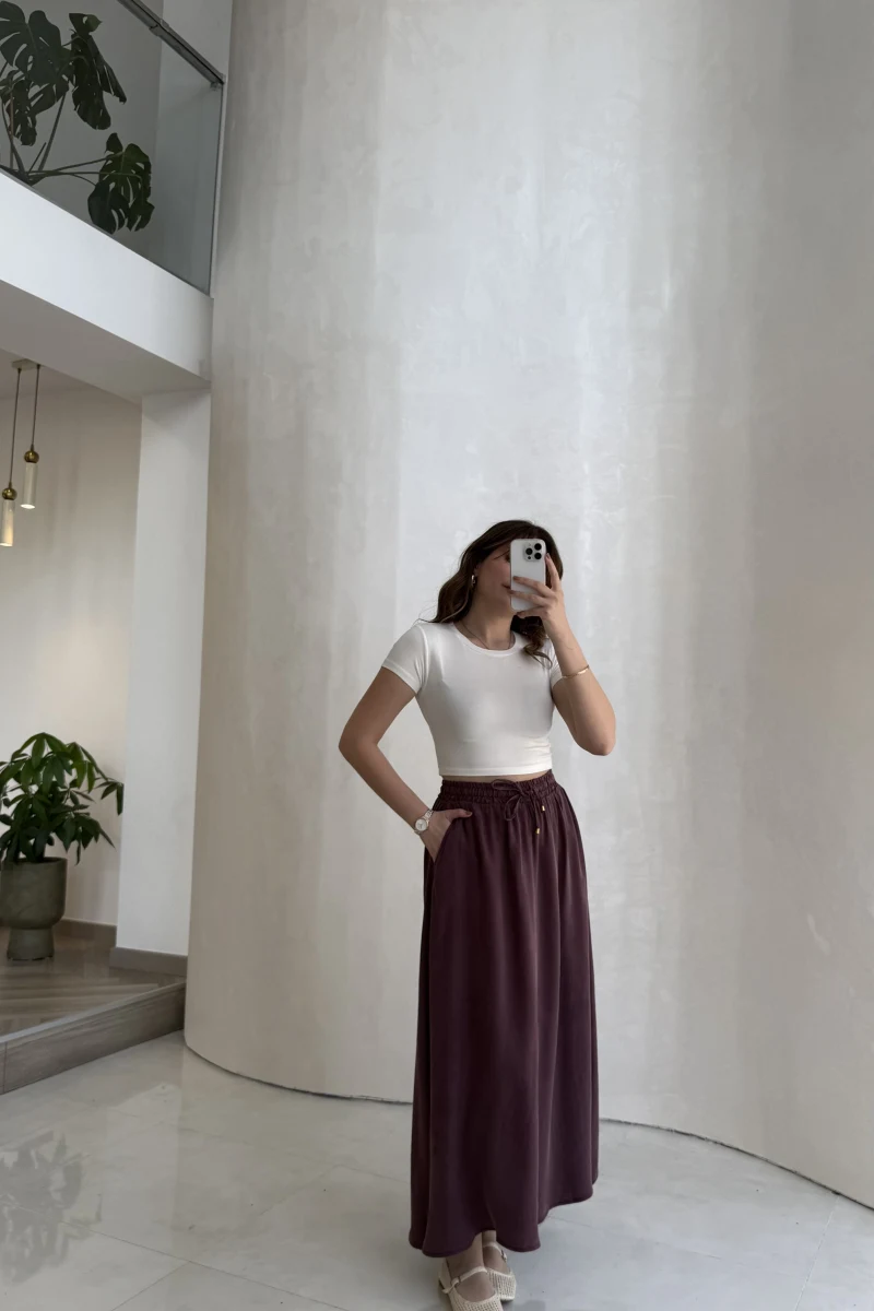 Luna Beli Lastikli Midi Boy Etek - Bordo - Kod: 3380