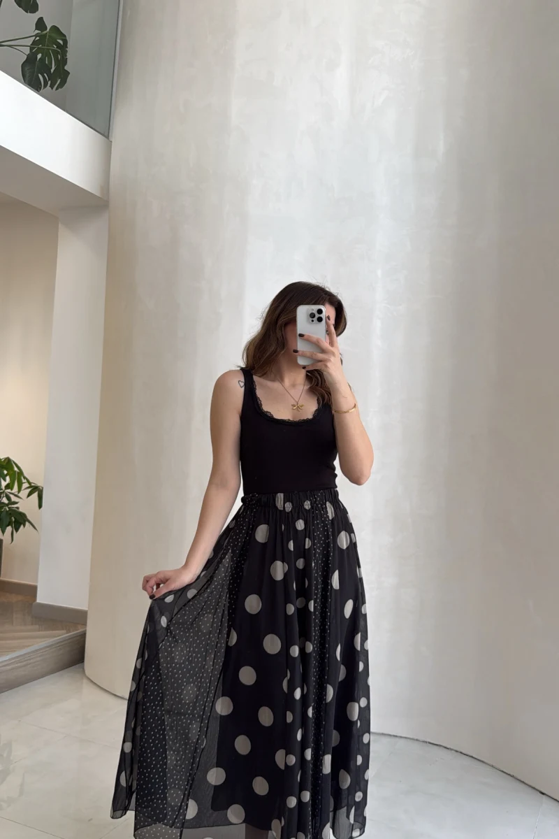 Parçalı Puantiye Desenli Şifon Etek - Siyah - Kod: 0867