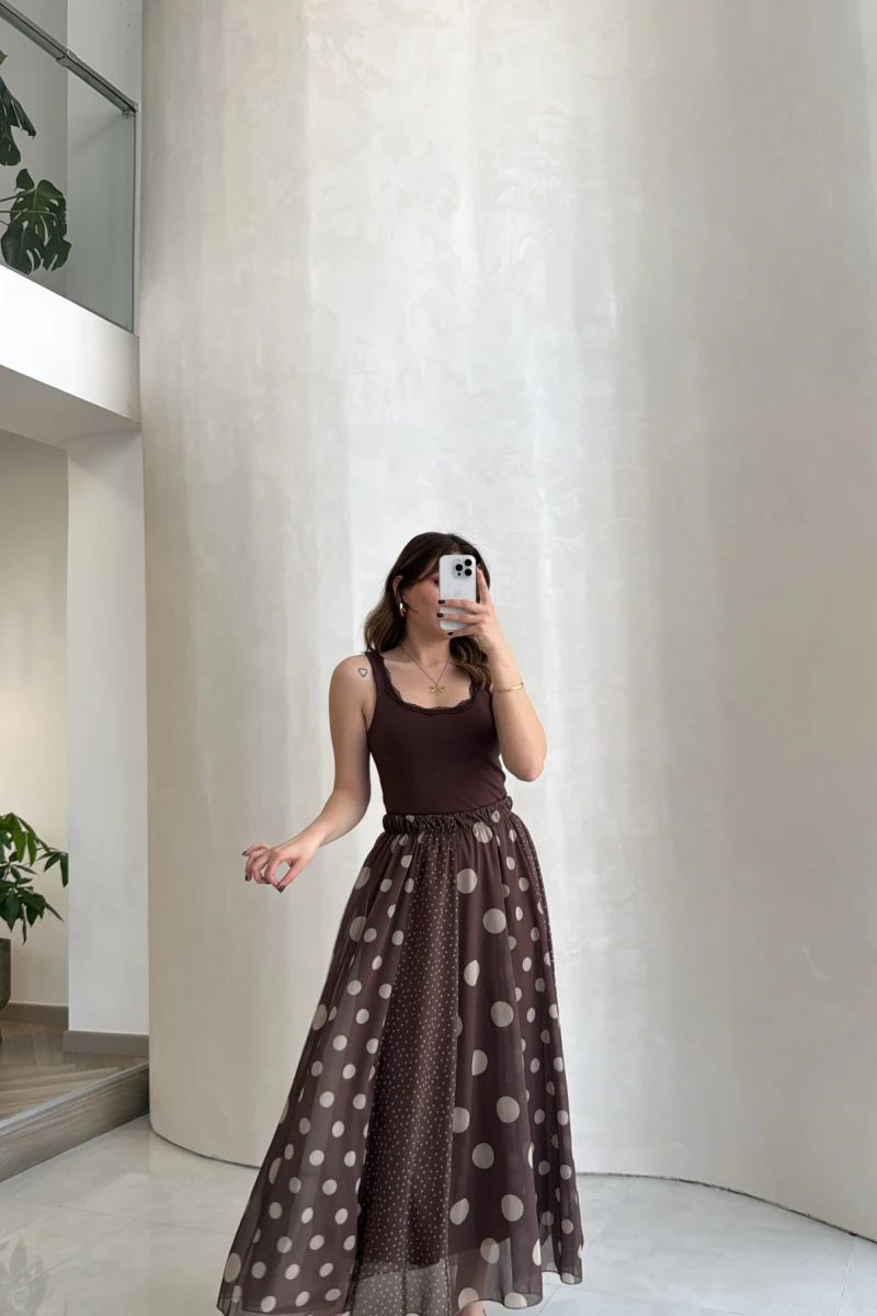 Parçalı Puantiye Desenli Şifon Etek - Kahve - Kod: 0867