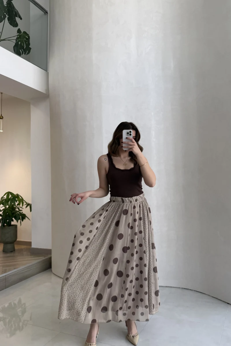 Parçalı Puantiye Desenli Şifon Etek - Bej - Kod: 0867